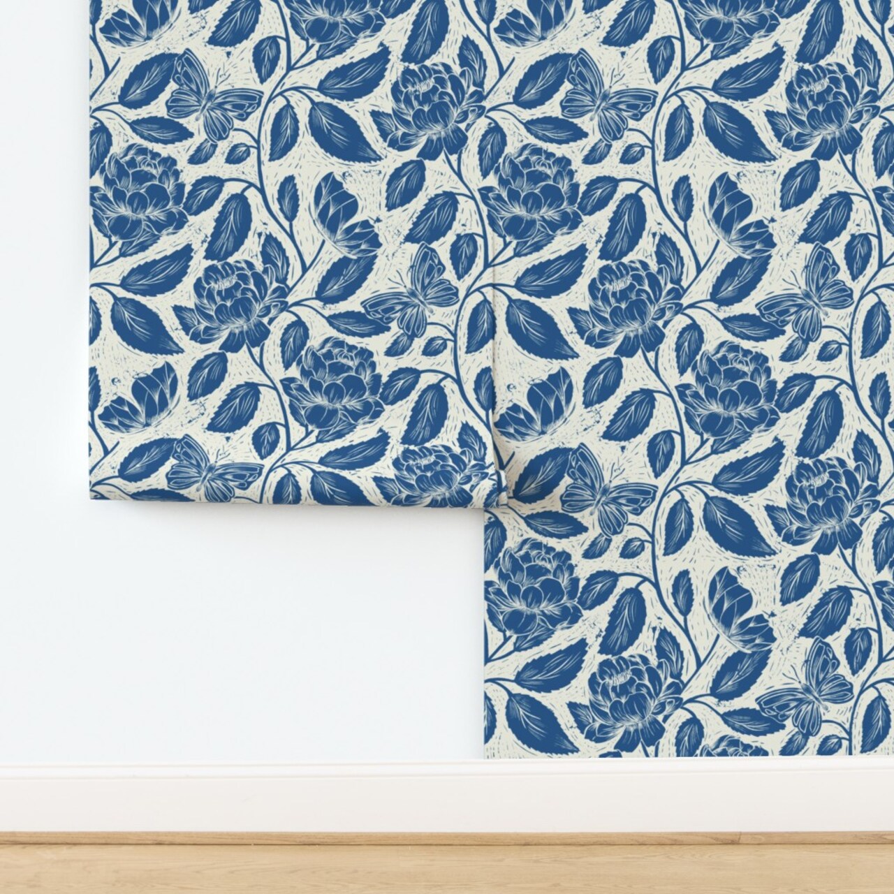 Blue Block Print Butterflies Flowers Traditional Botanical Toile Peonies Cottagecore Custom Pre-pasted Wallpaper by Spoonflower Pre-Pasted Wallpaper 2FT Wide